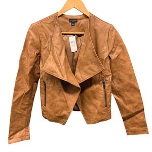 Ann Taylor Factory Jacket Women's XS Brown Faux Leather Moto Zip Casual Coat
